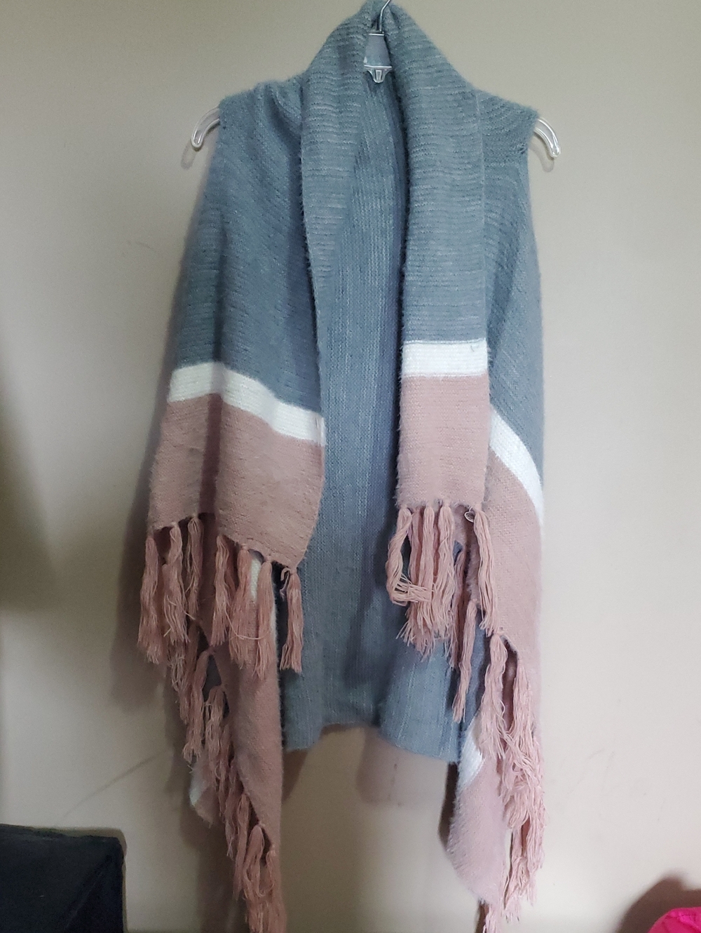 Maurices Cozy Gray and Blush Fringe Throw Wrap - One Size